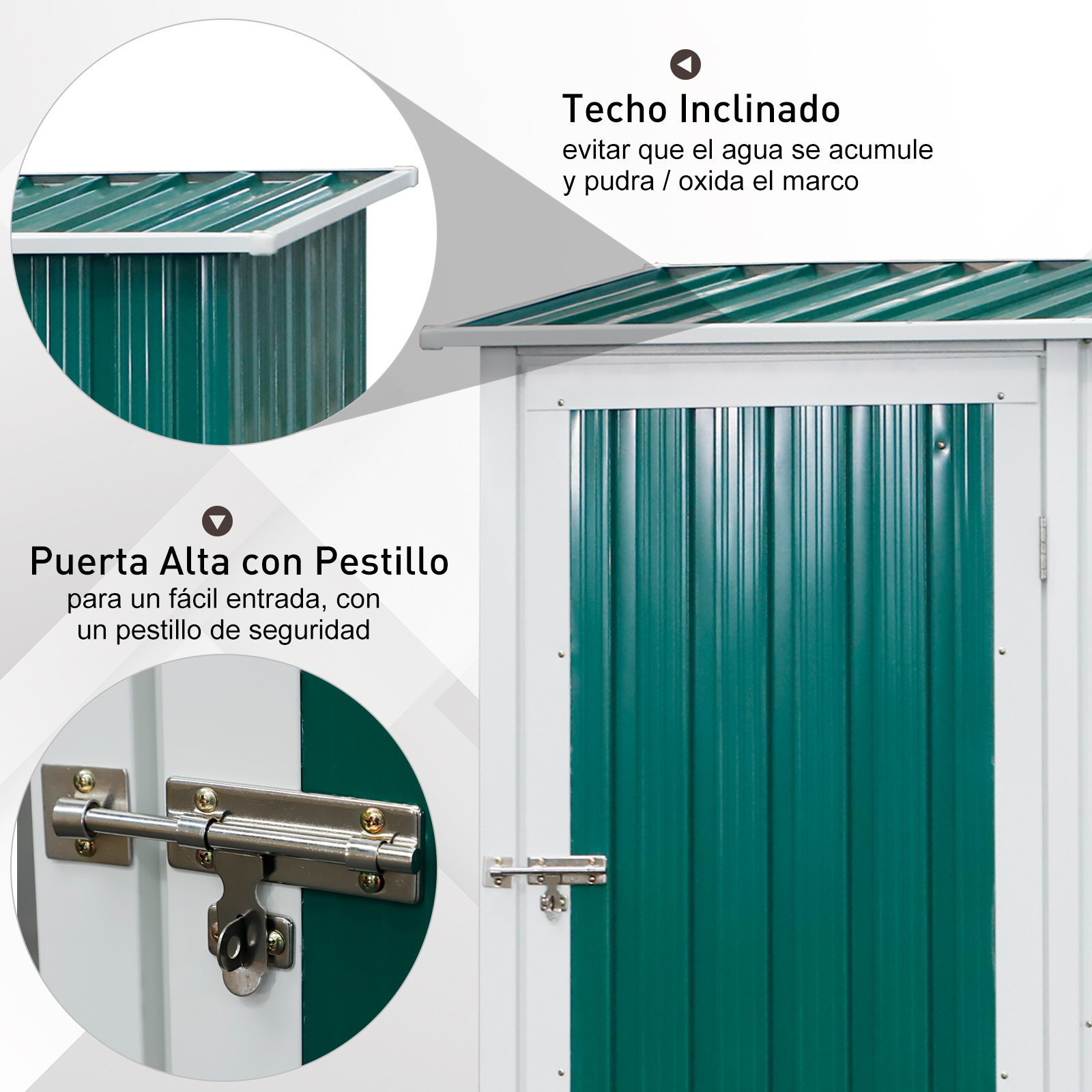 Outsunny Cobertizo de Acero 1,27㎡ 143x89x186 cm Tipo Caseta de Jardín Galvanizado Almacén para Herramientas con Techo Inclinado y Una Puerta para Terraza Exterior Verde - Imagen 5