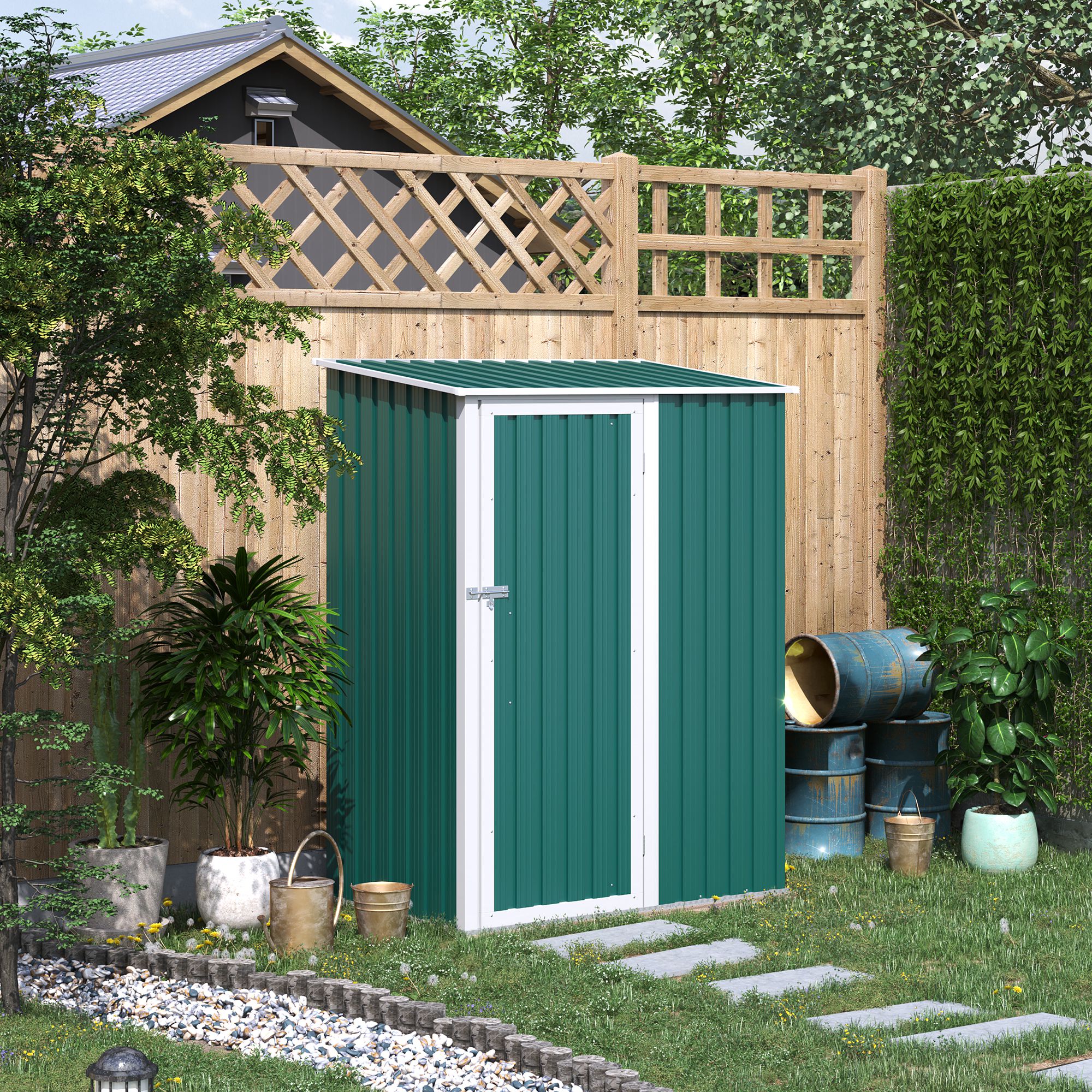 Outsunny Cobertizo de Acero 1,27㎡ 143x89x186 cm Tipo Caseta de Jardín Galvanizado Almacén para Herramientas con Techo Inclinado y Una Puerta para Terraza Exterior Verde - Imagen 2