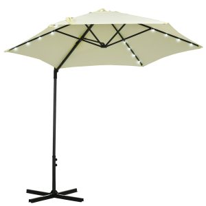Outsunny Sombrilla de Jardín Ø256×248 cm Parasol de Terraza Manual con Luces LED Solares Poste Giratorio 360° y Ventilación Superior para Jardín Patio Piscina Beige