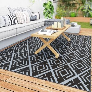 Outsunny Alfombra de Exterior 182×274 cm Alfombra Reversible con Patrón Geométrico de Rombos Impermeable Bolsa de Transporte para Terraza Balcón Patio Camping Playa Negro