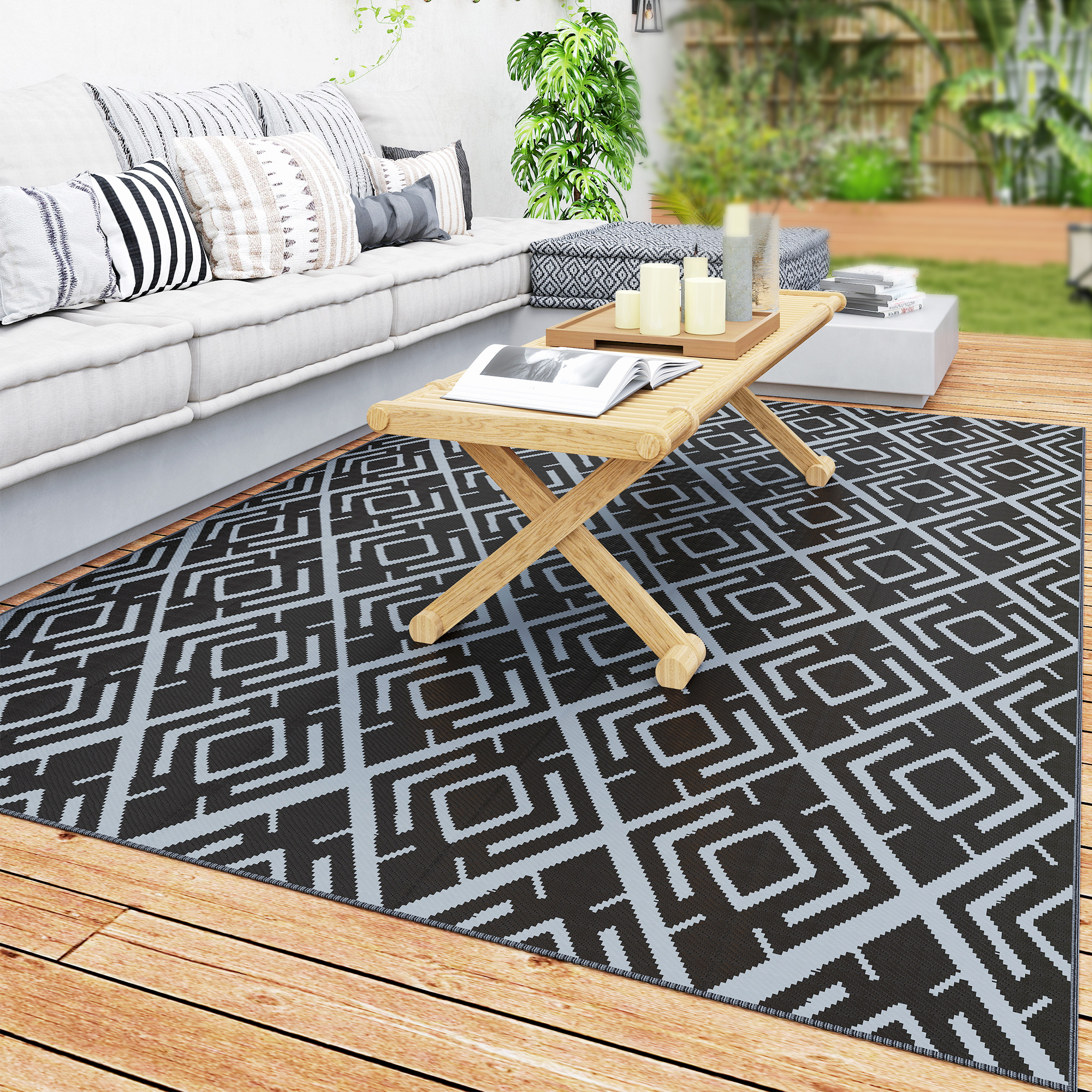 Outsunny Alfombra de Exterior 182×274 cm Alfombra Reversible con Patrón Geométrico de Rombos Impermeable Bolsa de Transporte para Terraza Balcón Patio Camping Playa Negro