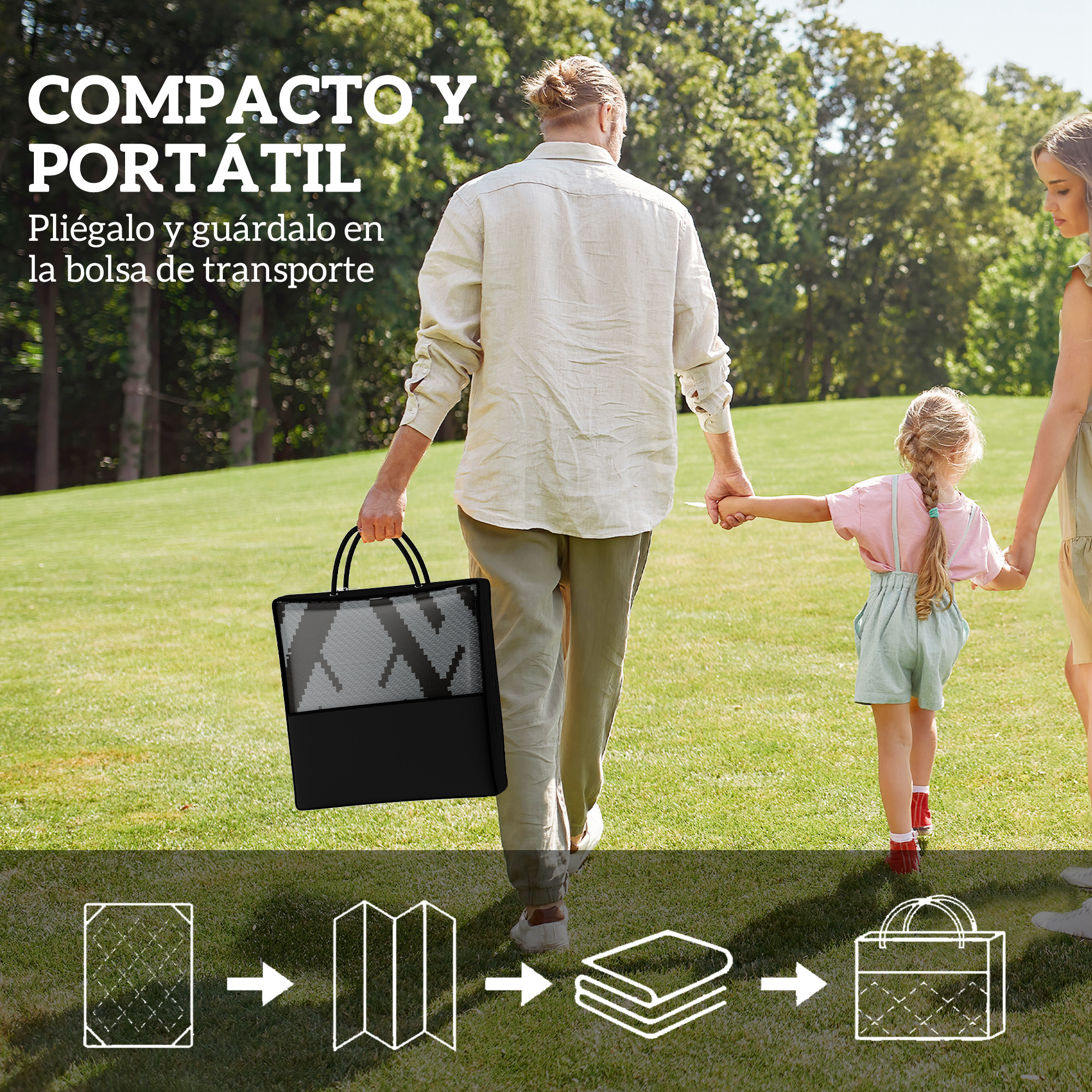 Outsunny Alfombra de Exterior 182×274 cm Alfombra Reversible con Patrón Geométrico de Rombos Impermeable Bolsa de Transporte para Terraza Balcón Patio Camping Playa Negro - Imagen 4