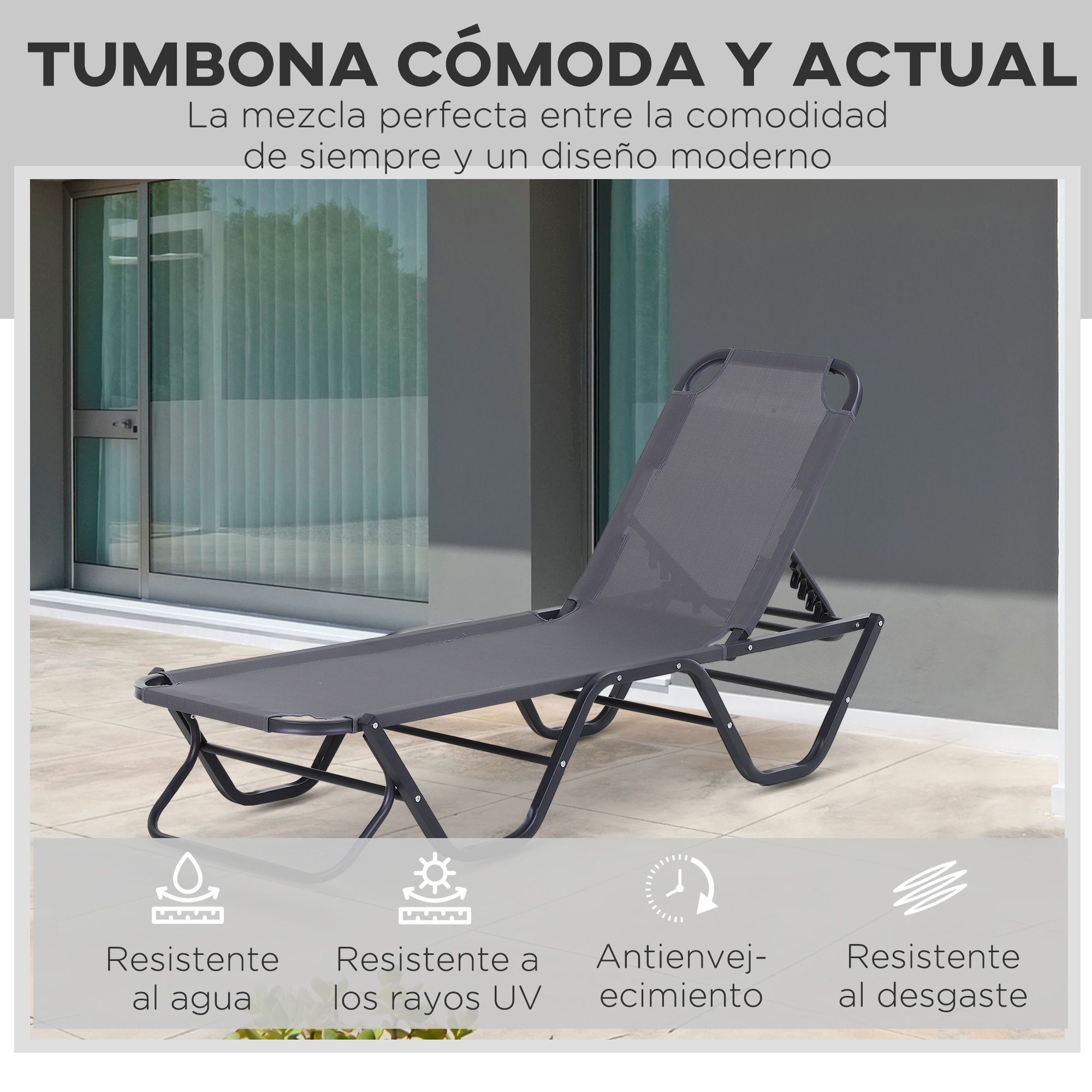 Outsunny Conjunto de 2 Tumbonas Reclinables de Aluminio Tumbonas de Jardín con Respaldo Ajustable en 4 Posiciones Carga 120 kg para Terraza Piscina Playa 163×58,5×91 cm Gris - Imagen 4