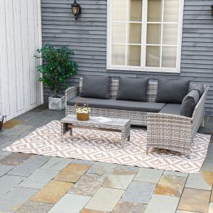 Outsunny Alfombra de Exterior 182×274 cm Alfombra Reversible con Patrón Geométrico de Rombos Impermeable para Terraza Balcón Patio Camping Playa Blanco y Café