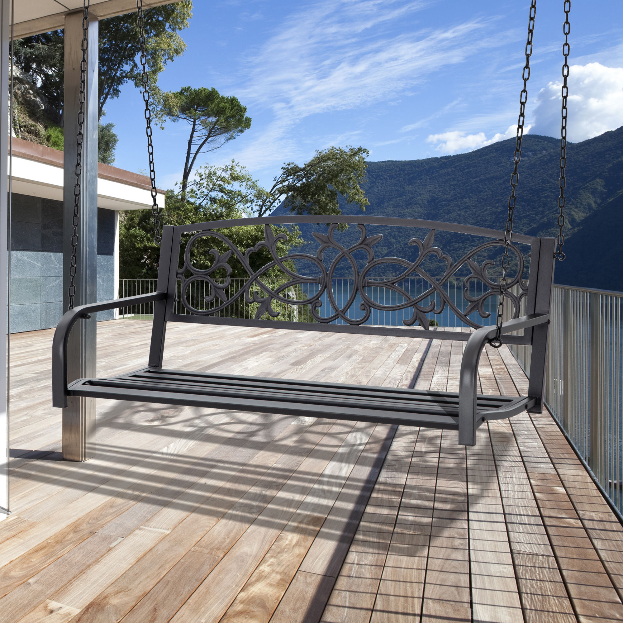 Outsunny Banco Columpio de 2 Plazas Banco Colgante de Acero con Reposabrazos Carga Máx. 240 kg para Jardín Terraza Balcón Exterior 127×59,5×52 cm Negro - Imagen 2