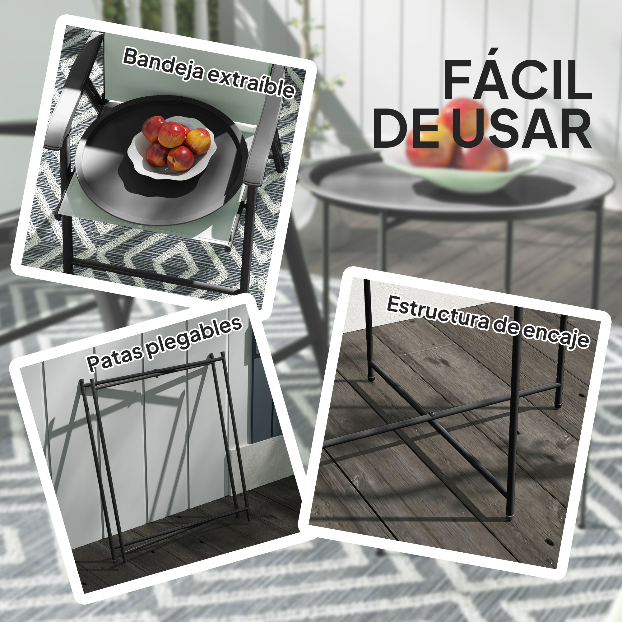 Outsunny Mesa Auxiliar Redonda Mesa de Jardín Exterior con Bandeja Extraíble Patas Plegables Mesa para Exterior Terraza Patio Ø46×50 cm Negro - Imagen 4