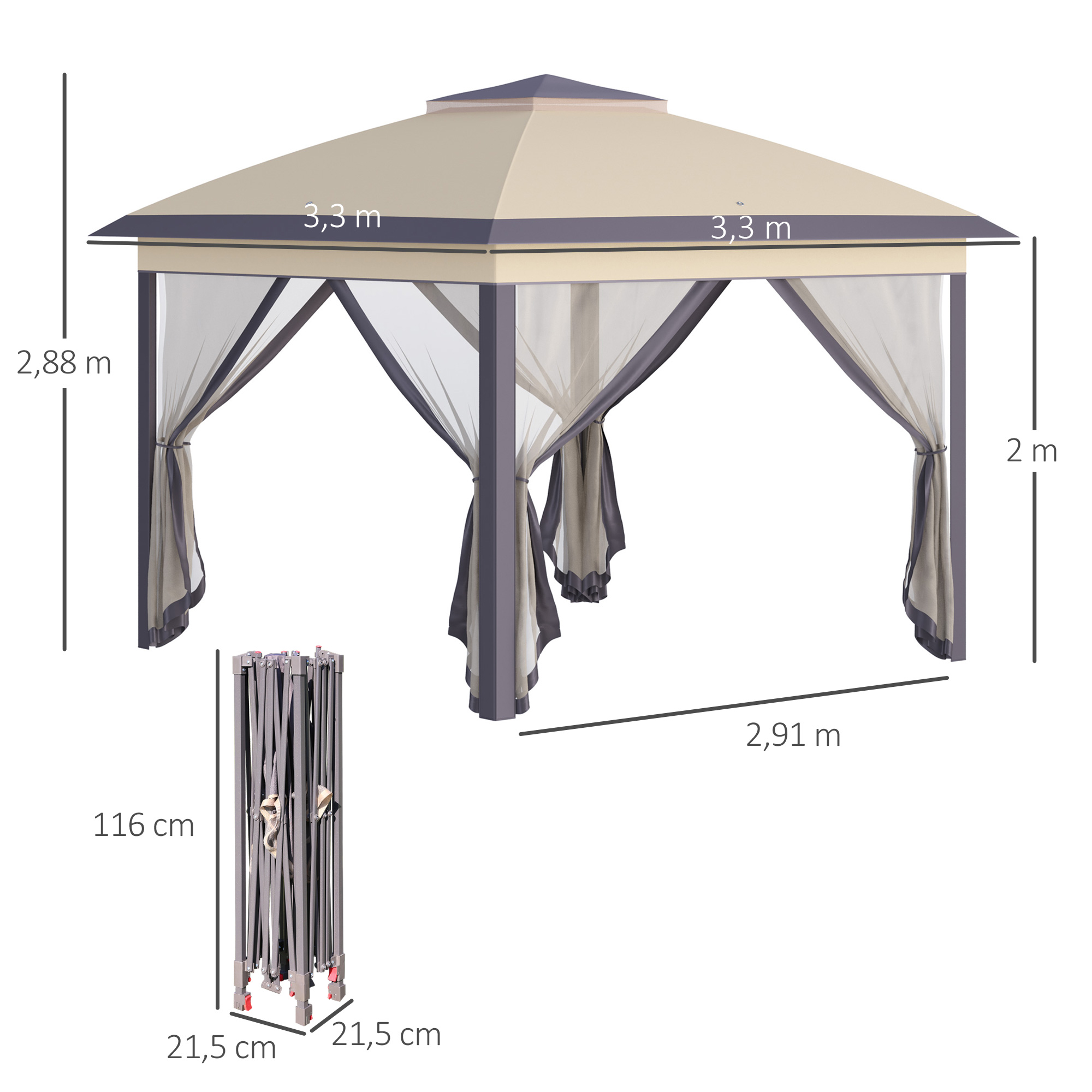 Outsunny Carpa Plegable Exterior 3,3×3,3×2,88 m Altura Ajustable Cenador de Jardín con Doble Techo 4 Mosquiteras Extraíbles y Bolsa de Transporte para Camping Fiestas Beige - Imagen 3