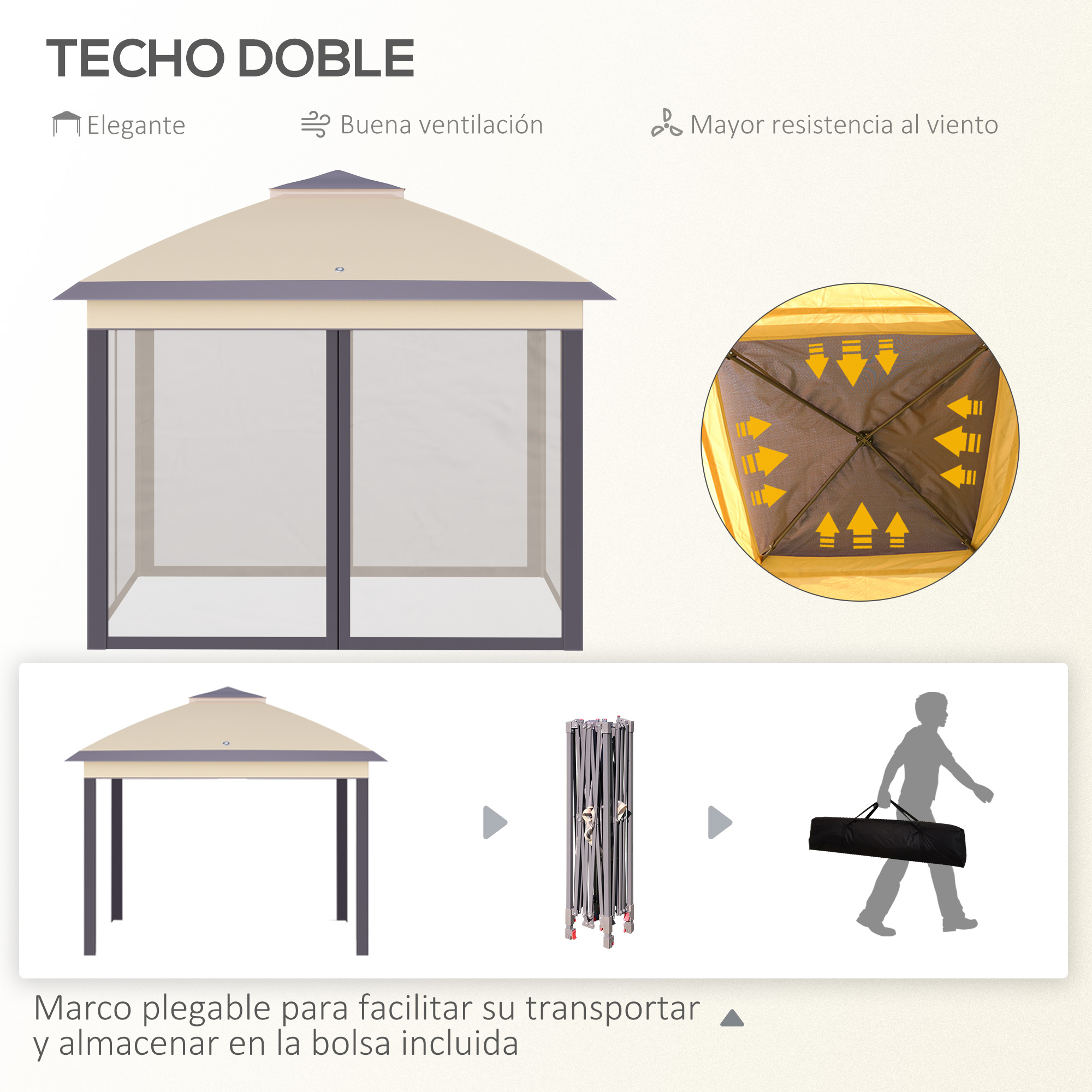 Outsunny Carpa Plegable Exterior 3,3×3,3×2,88 m Altura Ajustable Cenador de Jardín con Doble Techo 4 Mosquiteras Extraíbles y Bolsa de Transporte para Camping Fiestas Beige - Imagen 4