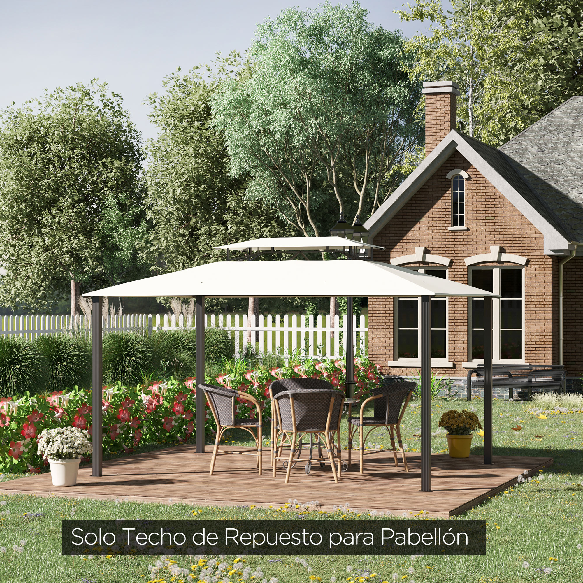 Outsunny Techo de Repuesto 4×3 m para Cenador de Jardín 2 Niveles Transpirable con 8 Orificios de Drenaje Cubierta Superior de Reemplazo para Pabellón Gazebo Exterior Beige - Imagen 2