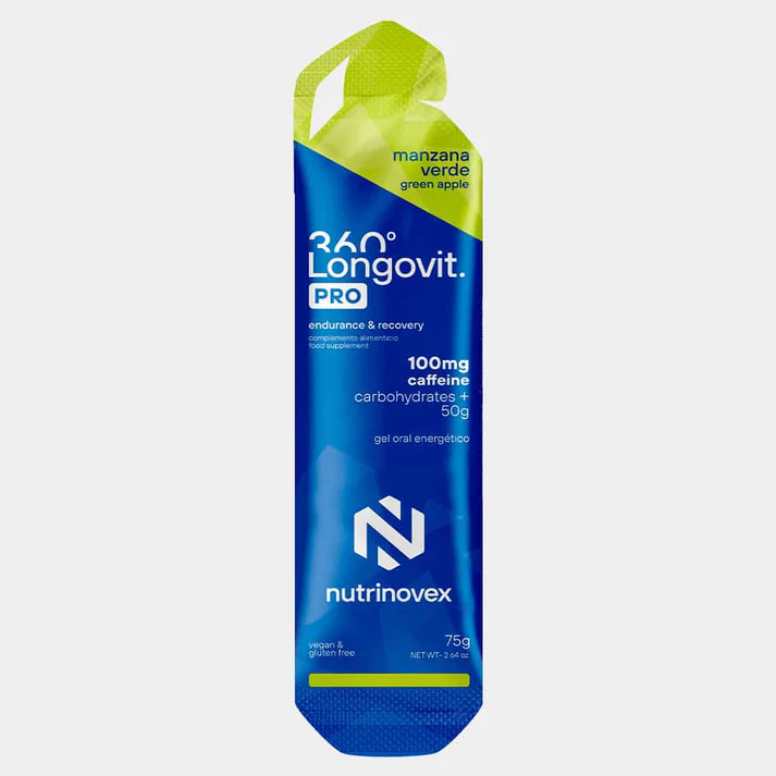 LONGOVIT 360 PRO GEL 75g (50g Carbohidratos + 100mg Cafeína) MANZANA VERDE GEL ENERGETICO NUTRINOVEX - Imagen 2