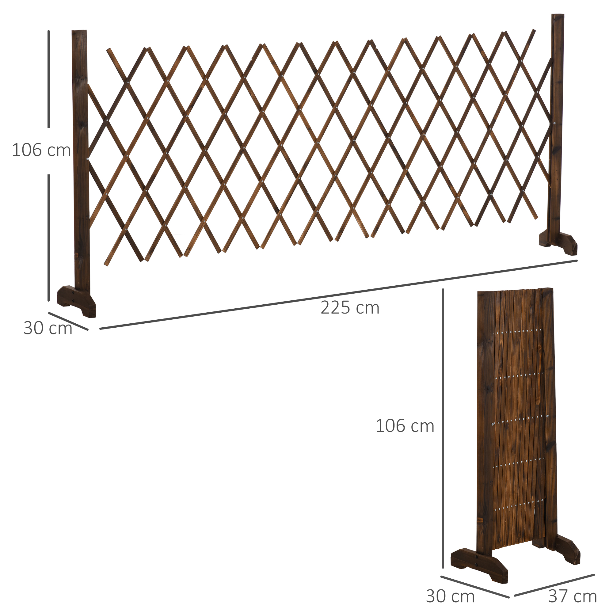 Outsunny Valla de Madera Extensible 37-225x30x106 cm Barrera de Seguridad para Perros Retráctil Multiusos para Decoración Césped Jardín Patio Marrón Carbonizado - Imagen 3