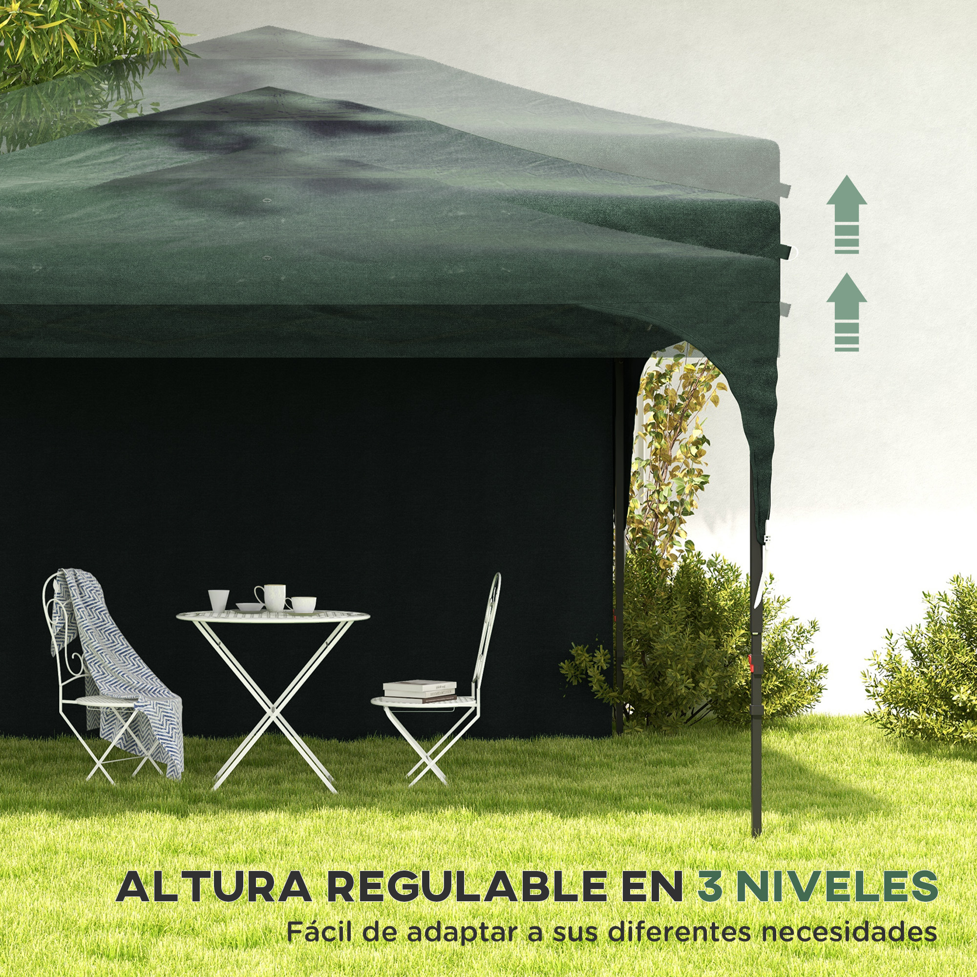 Outsunny Carpa Plegable 3×3 m Cenador de Jardín con Altura Ajustable 1 Pared Lateral Impermeable 4 Bolsas de Arena y Bolsa de Transporte Gazebo para Exterior Patio Fiestas Verde - Imagen 4
