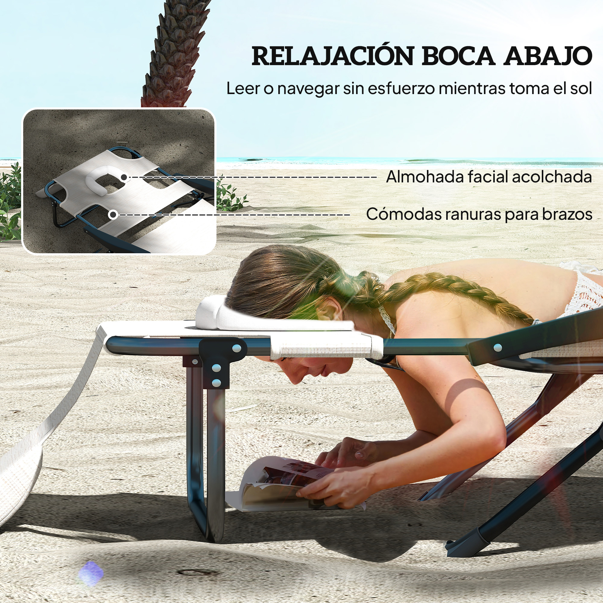 Outsunny Tumbona Plegable Tumbona de Jardín con Respaldo Ajustable en 4 Niveles Orificio de Lectura y Reposacabezas para Terraza Piscina 194x72x31 cm Crema - Imagen 4