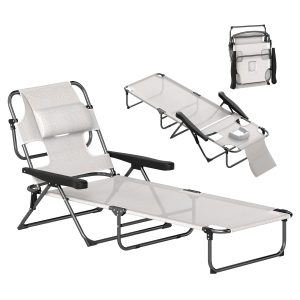 Outsunny Tumbona Plegable Tumbona de Jardín con Respaldo Ajustable en 4 Niveles Orificio de Lectura y Reposacabezas para Terraza Piscina 194x72x31 cm Crema