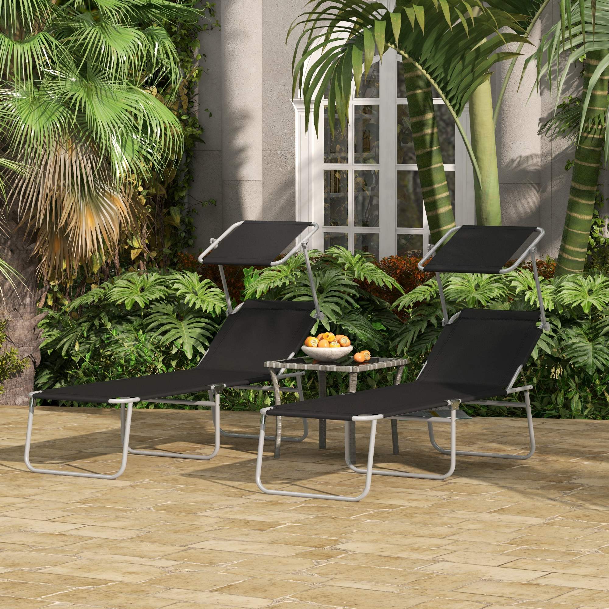 Outsunny Conjunto de 2 Tumbonas Plegables Tumbonas de Jardín con Toldo Desmontable y Ajustable Respaldo Regulable en 4 Niveles Carga 120 kg para Playa Terraza 187x58x36 cm Negro - Imagen 2