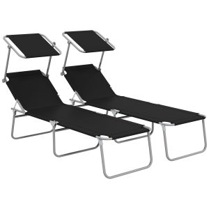 Outsunny Conjunto de 2 Tumbonas Plegables Tumbonas de Jardín con Toldo Desmontable y Ajustable Respaldo Regulable en 4 Niveles Carga 120 kg para Playa Terraza 187x58x36 cm Negro