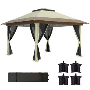 Outsunny Carpa Plegable Gazebo 3,6×3,6 m Cenador Plegable con 4 Paredes Laterales de Malla Anti-UV Altura Ajustable Bolsa de Arena y Bolsa de Transporte para Camping Fiestas Crema
