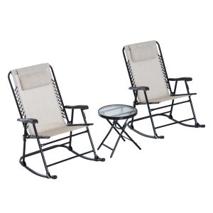 Outsunny Set de Muebles de Jardín Mesa Redonda Ø46×49 cm y 2 Sillas Mecedoras 68x90x106 cm Plegables con Bloqueo para Exterior Patio Beige