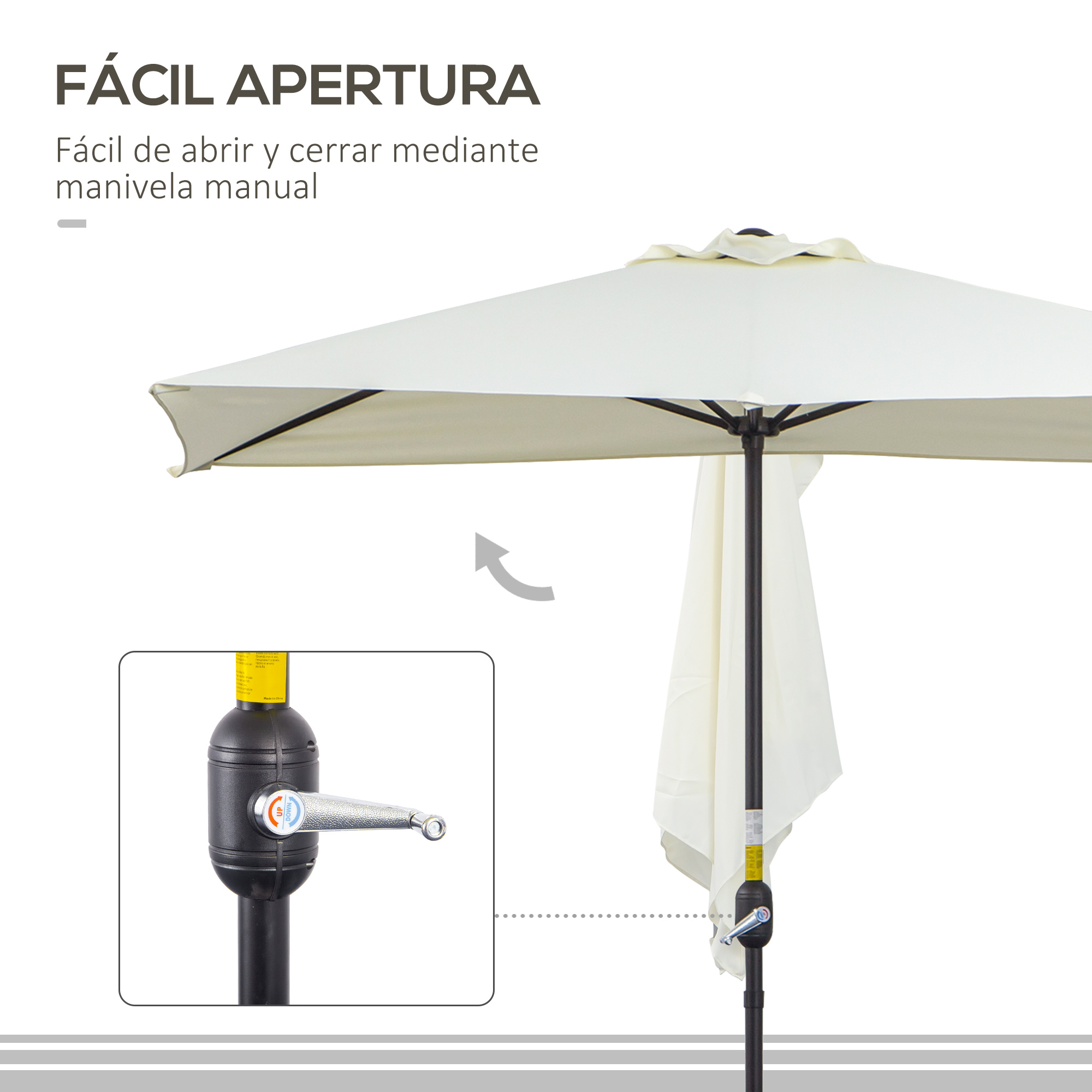 Outsunny Sombrilla Rectangular 230x130x245 cm Parasol para Pared Media Sombrilla con Manivela Protección UV 30+ Impermeable Sombrilla para Balcón Terraza Jardín Beige - Imagen 4