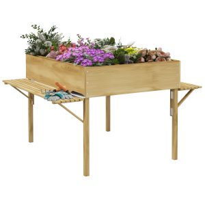 Outsunny Mesa de Cultivo de Madera Huerto Urbano Elevado 122×91,5×89 cm con 2 Estantes Plegables Tela no Tejida para Cultivo Plantas Flores Verduras Natural