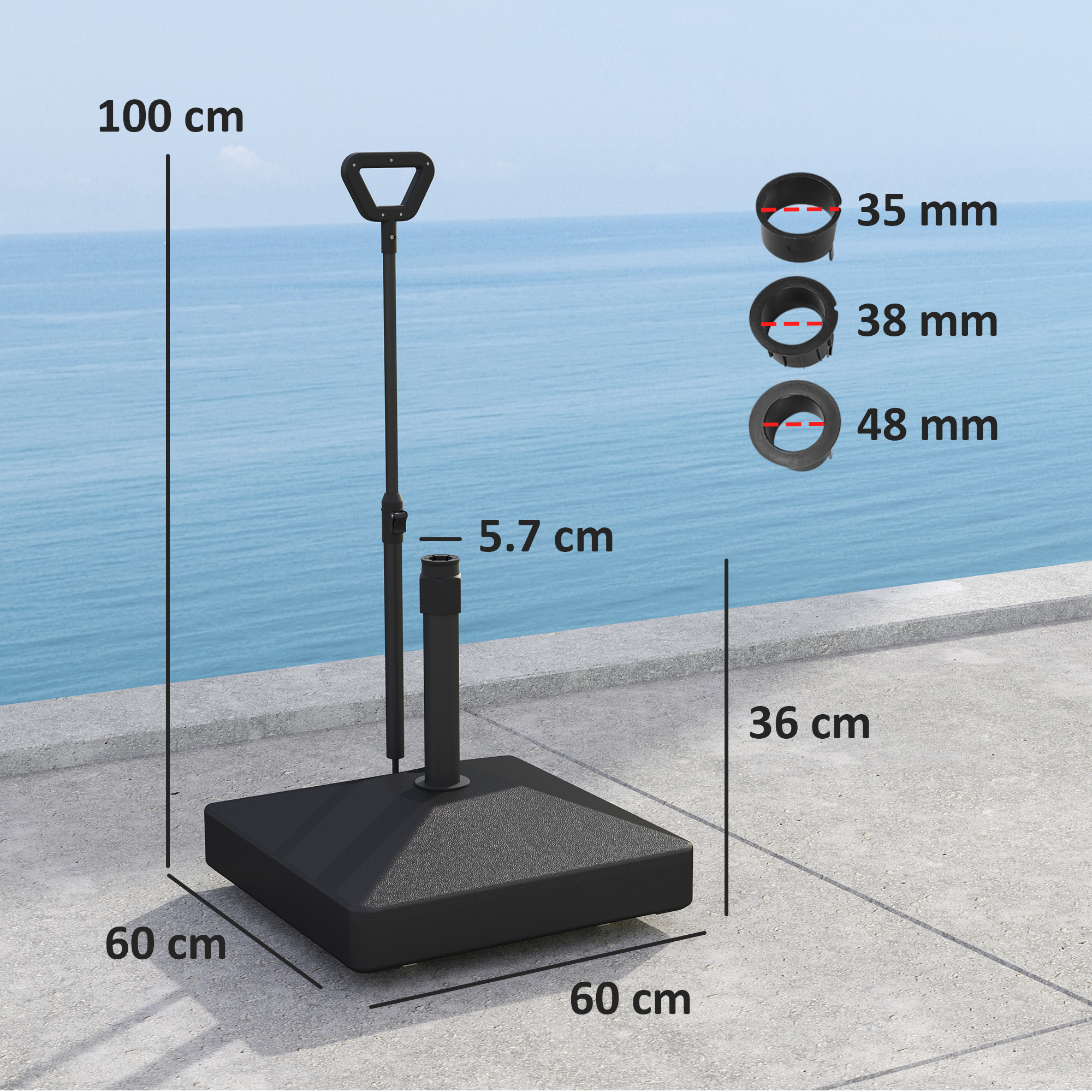 Outsunny Base para Sombrilla Cuadrada Soporte para Parasol con Ruedas Pie para Sombrilla con Asa Ajustable Rellenable con Agua 45L o Arena 55kg para Jardín Terraza Negro - Imagen 3