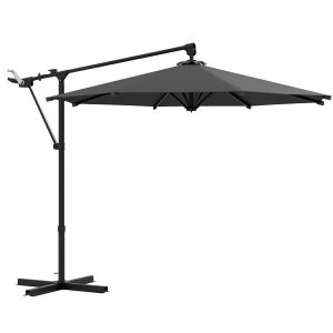 Outsunny Sombrilla de Jardín 3×3 m Parasol de Jardín Giratorio 360° con Manivela Manual 8 Varillas Base Cruzada y Soporte de Acero para Terraza Patio Balcón Gris Oscuro