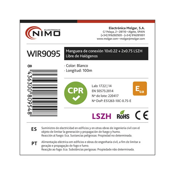 MANGUERA PARA ALARMA Y PORTERO LSZH Y CPR 10+2 CABLES WIR9095 MOLGAR - Imagen 2