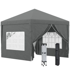 Outsunny Carpa Plegable Pop-up Gazebo 3×3 m Cenador Plegable con 4 Paredes Laterales Anti-UV y Bolsa de Transporte para Camping Fiestas Gris