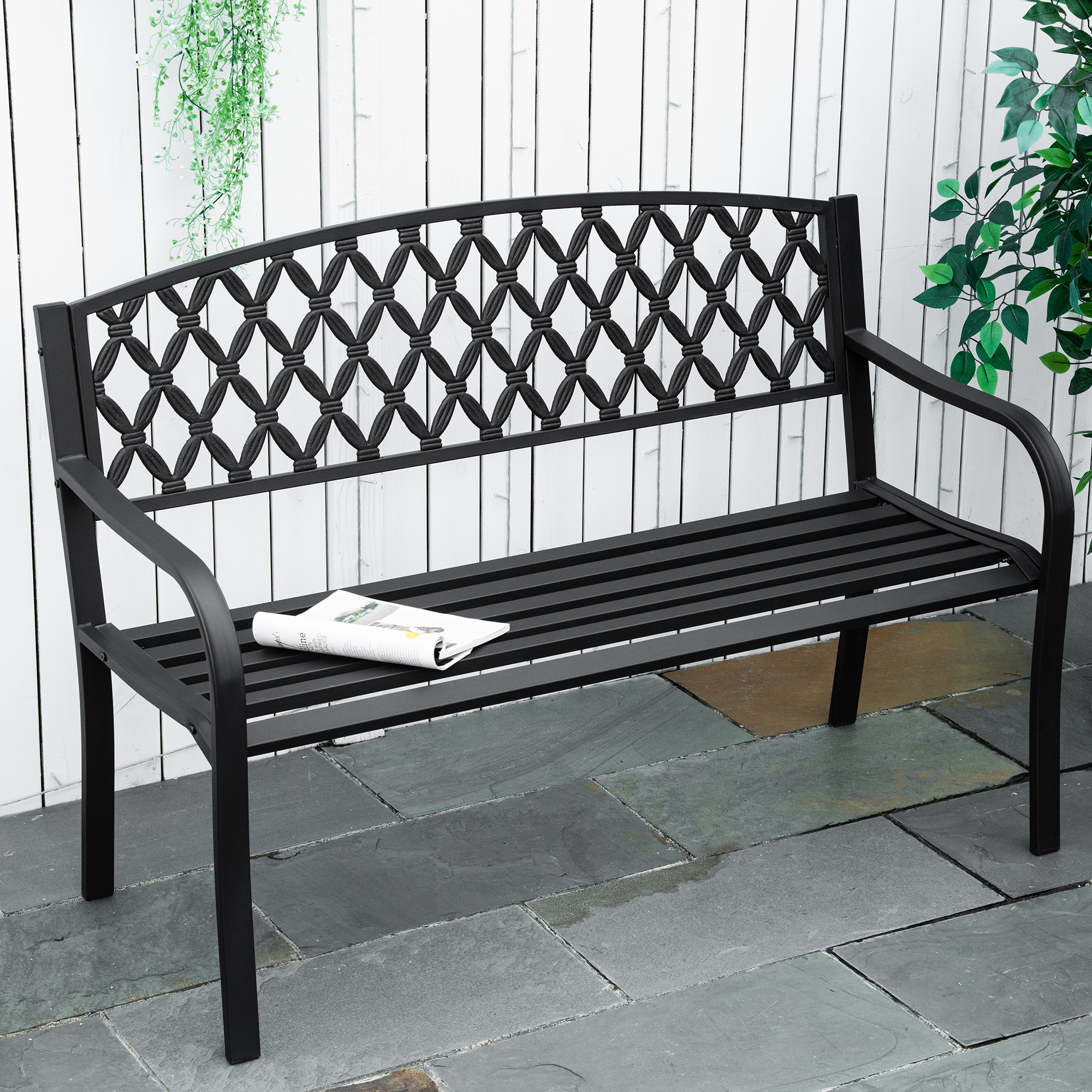Outsunny Banco de Jardín de 2 Plazas con Respaldo Decorativo y Reposabrazos para Terraza Balcón Patio Exterior Carga 240 kg Hierro Fundido y Acero 128×58,5×89 cm Negro - Imagen 2