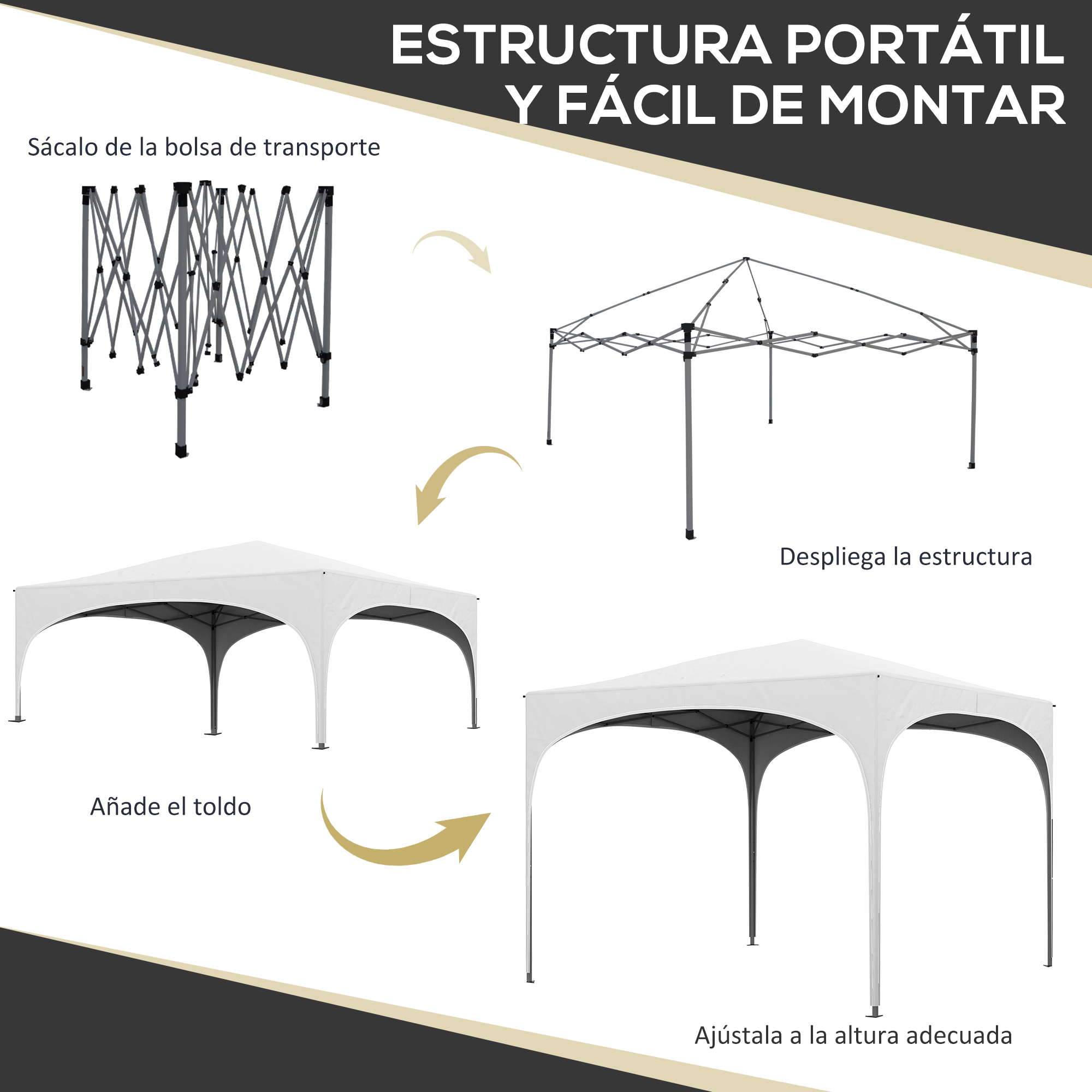 Outsunny Carpa Plegable 3×3 m Cenador de Jardín Altura Ajustable con Bolsa de Transporte Impermeable Anti-UV y Bolsas de Arena Gazebo para Exteriores Jardín Patio Blanco - Imagen 4