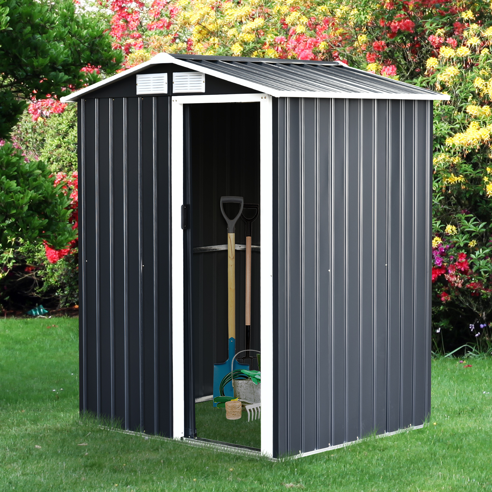 Outsunny Caseta de Jardín Metálica 150x130x186 cm Cobertizo para Almacenaje de Herramientas con Techo Inclinado 4 Ventilaciones para Terraza Exterior Gris y Blanco - Imagen 2