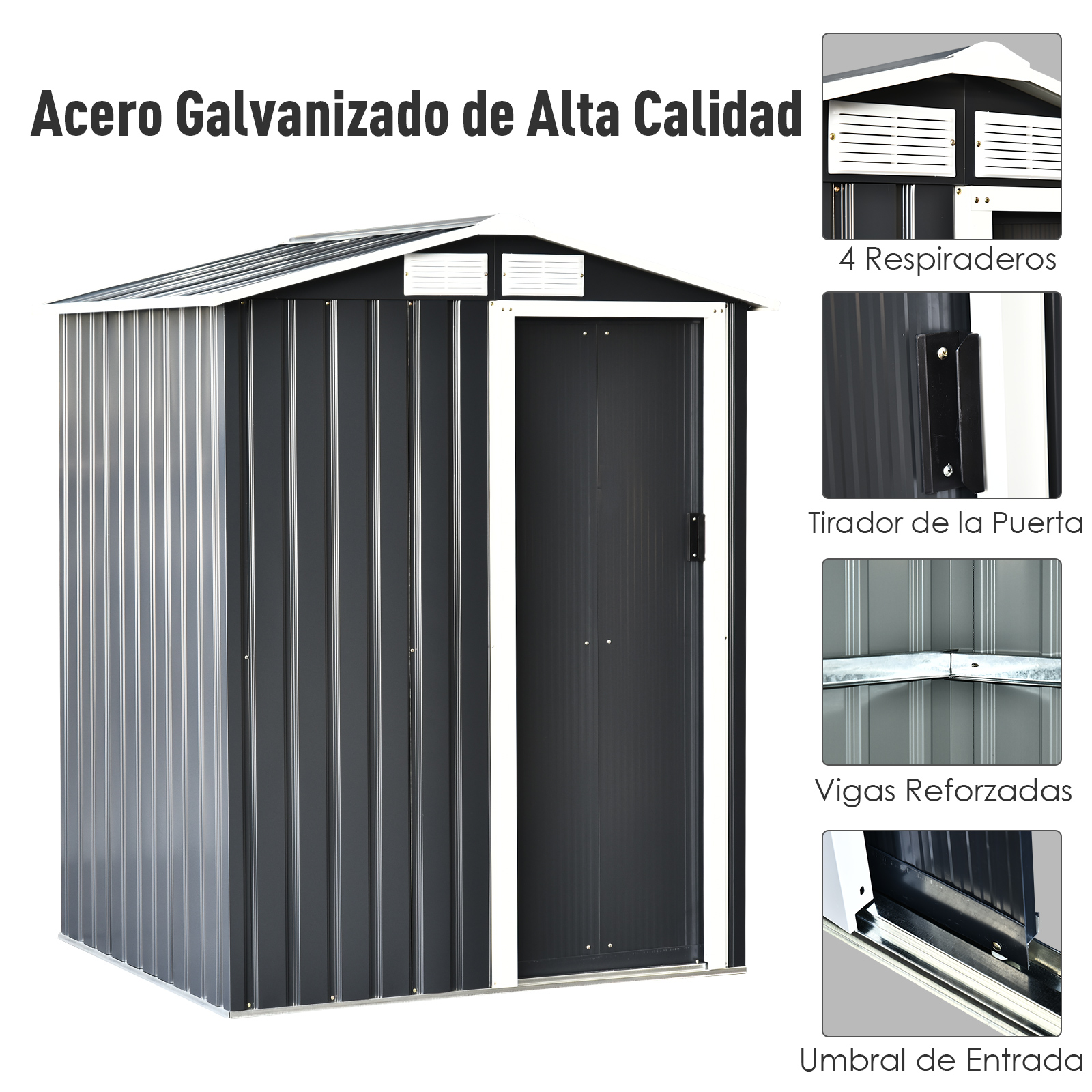 Outsunny Caseta de Jardín Metálica 150x130x186 cm Cobertizo para Almacenaje de Herramientas con Techo Inclinado 4 Ventilaciones para Terraza Exterior Gris y Blanco - Imagen 4