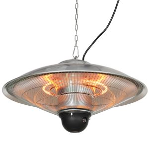 Outsunny Calefactor Exterior de Techo 1010/2210W Estufa de Infrarrojos con Mando a Distancia 2 Niveles de Calor Protección IP44 Aluminio para Terraza Patio Interior Ø58,5×33 cm Plata