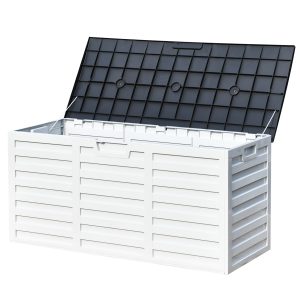 Outsunny Baúl de Almacenamiento Exterior 260L con Asas y Ruedas Incorporados Ojos de candado Arcón para Patio Jardín Piscina 112x49x53,5 cm Blanco