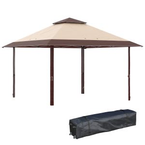 Outsunny Carpa Plegable 4×4 m Cenador de Jardín con Doble Techo Altura Ajustable en 3 Niveles y Bolsa de Transporte Impermeable Anti-UV Gazebo para Exterior Fiestas Bodas Caqui y Café