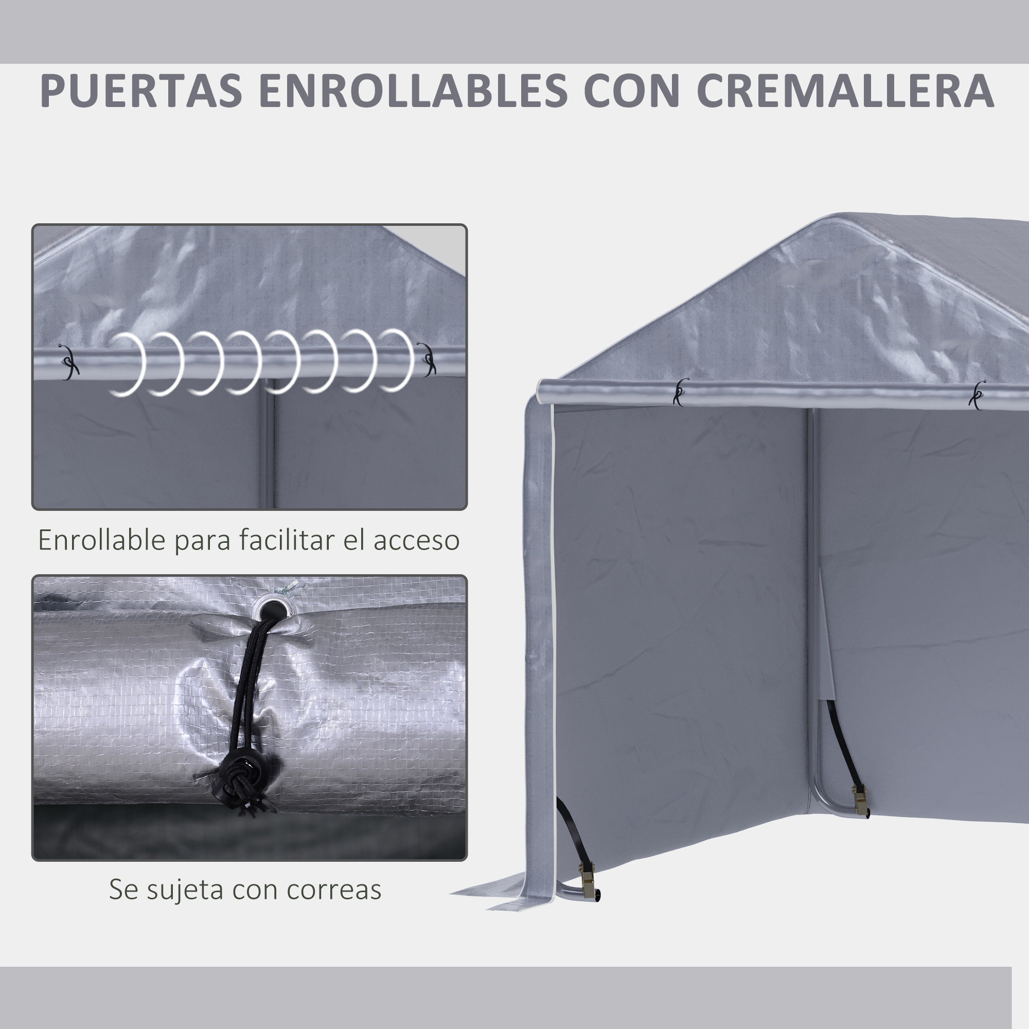Outsunny Carpa para Herramientas Bicicletas y Motos 2x2x2 m Garaje Portátil con 1 Puerta con Cremallera 1 Cubierta de PE Impermeable Anti-UV y Marco de Acero Cochera Portátil para Jardín Gris - Imagen 5
