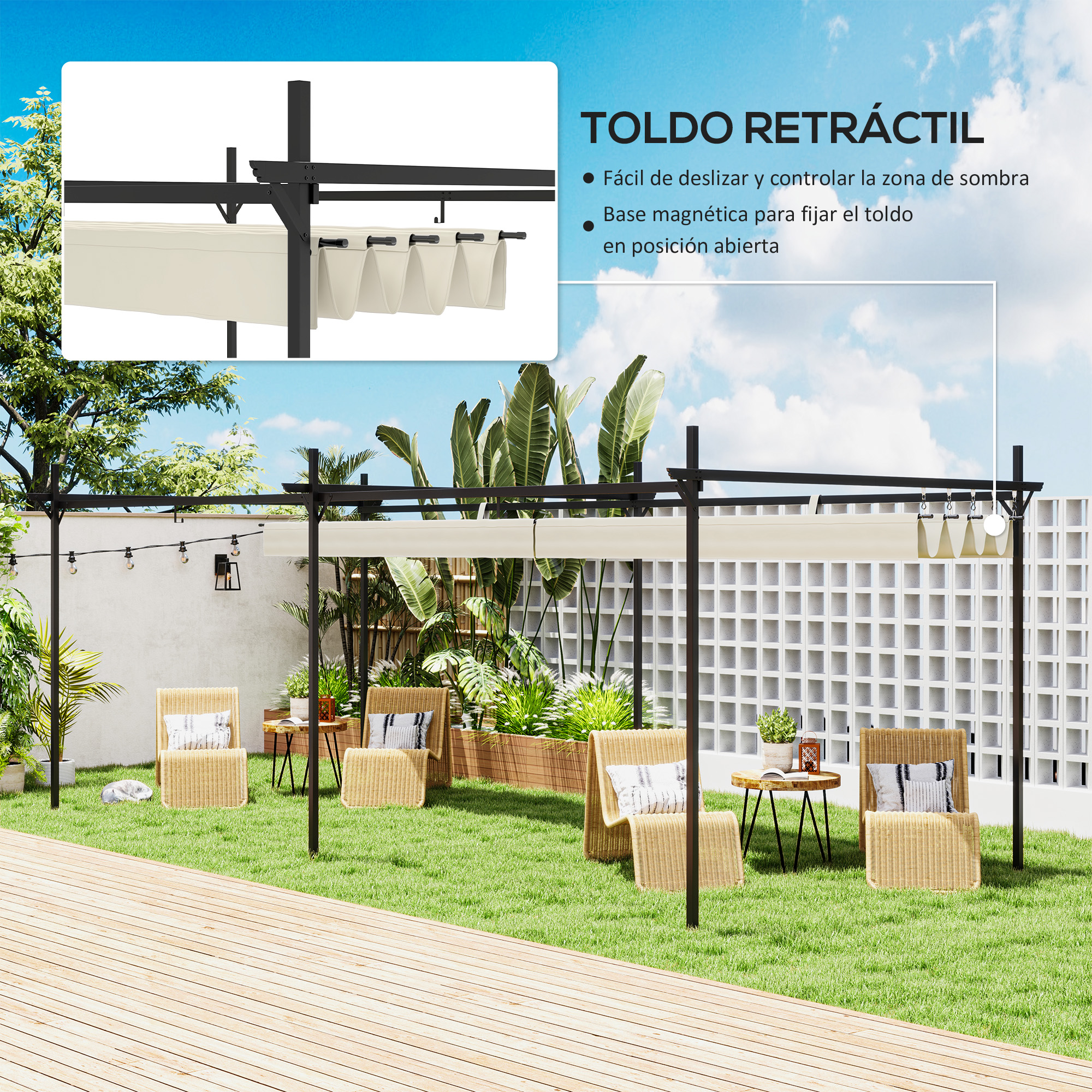 Outsunny Pérgola con Techo 6×3 m Retráctil Pérgola de Aluminio Cenador con Tela de Poliéster Anti-UV Resistente al Agua Pabellón para Jardín Patio Terraza Exterior Crema - Imagen 4