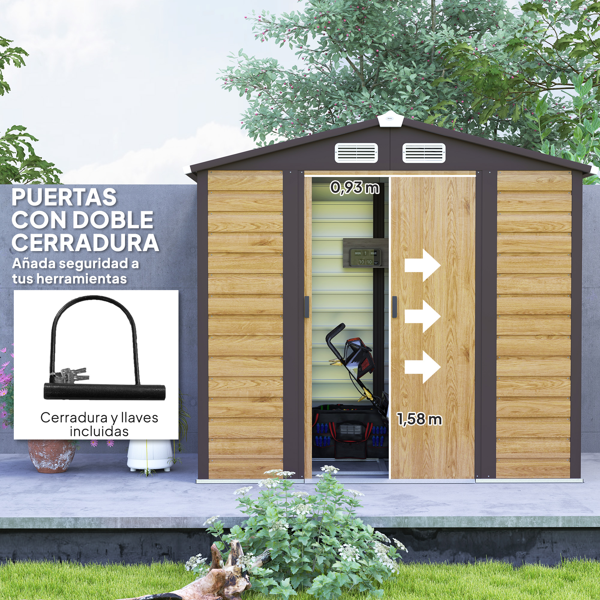 Outsunny Caseta de Jardín Exterior 2,36m² 213x120x194 cm Cobertizo de Jardín Exterior con Base Refuerzo (Suelo NO Incluido) Puertas Correderas Dobles Candado Ventanas Roble - Imagen 5