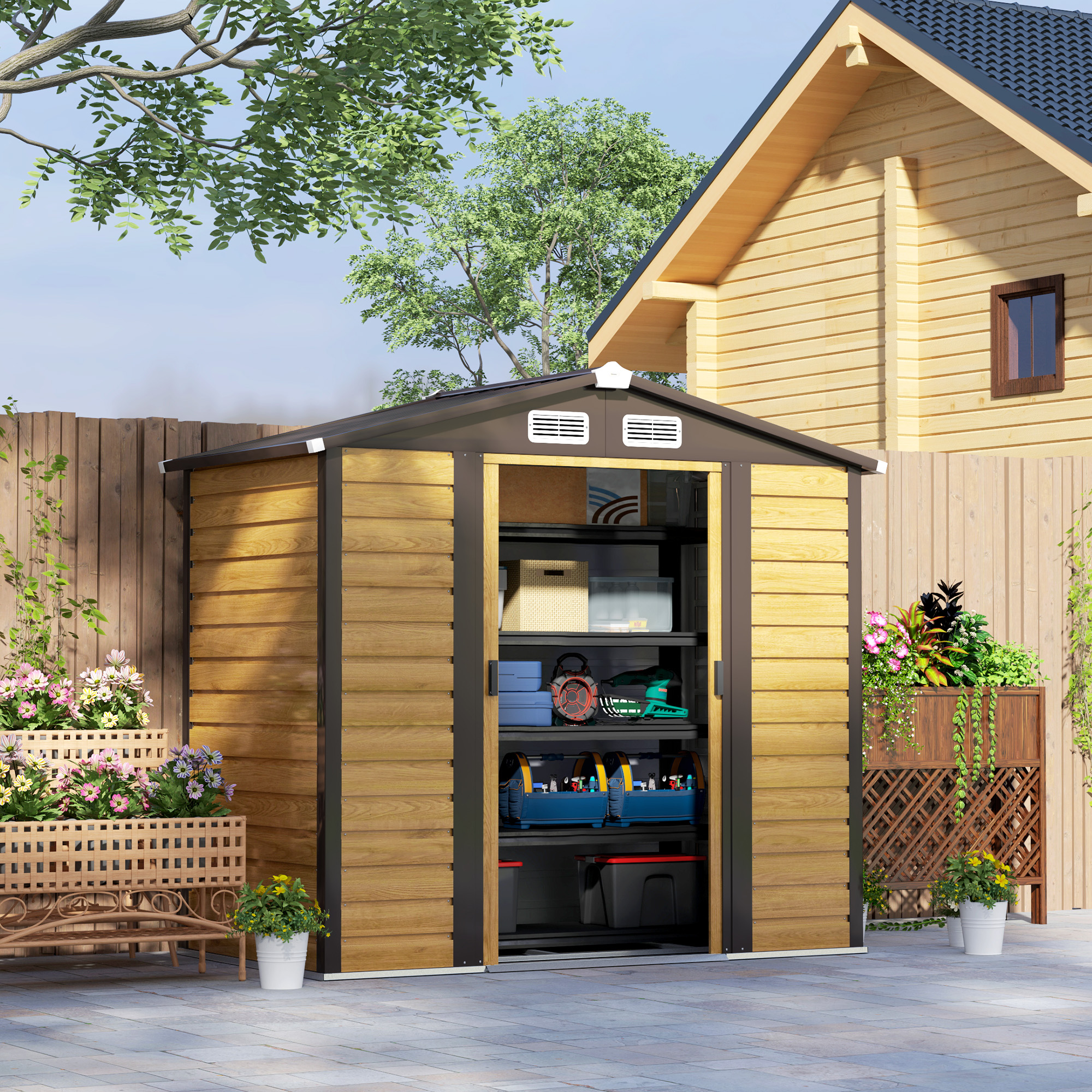 Outsunny Caseta de Jardín Exterior 2,36m² 213x120x194 cm Cobertizo de Jardín Exterior con Base Refuerzo (Suelo NO Incluido) Puertas Correderas Dobles Candado Ventanas Roble - Imagen 2