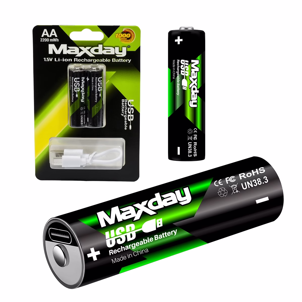 Pack 2 Pilas AA Recargables Li-ion 1.5V USB-C 2200mWh MaxDay MD-99020